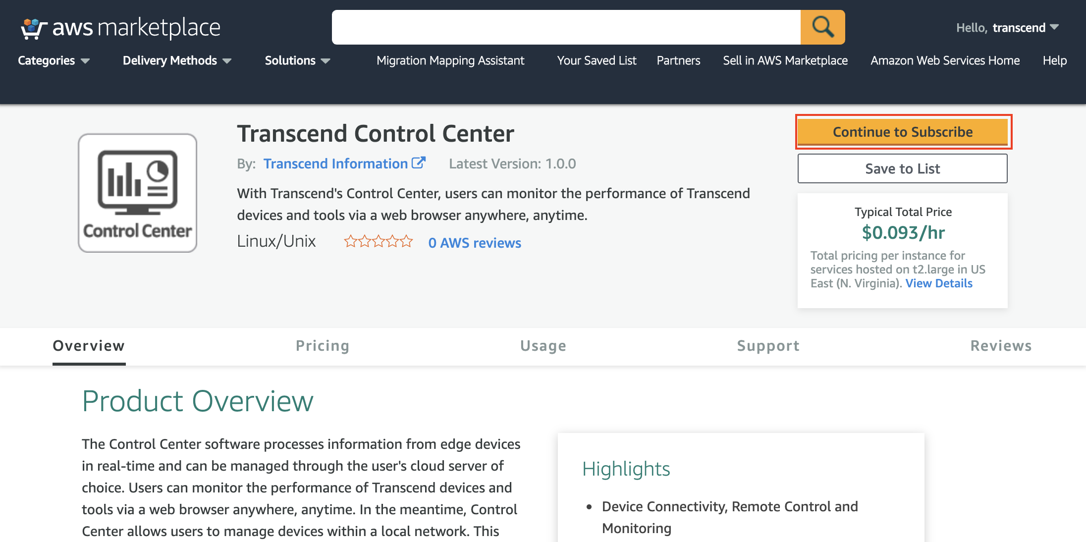 Transcend is now available in AWS Marketplace